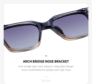 Macro shot of integrated arch bridge nose pads on black frames with purple gradient lenses