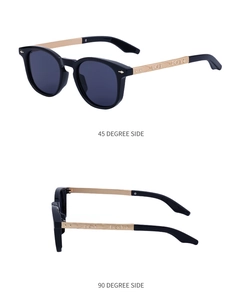Detail of square sunglasses showing gold embossed metal temples from 45 and 90 degree angles