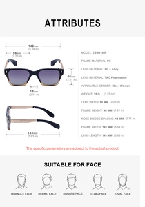 Detailed technical specification chart for polarized PC and alloy frame sunglasses