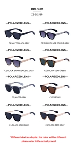 Detail view of polarized sunglasses with metal frame accents and assorted color options