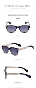 Detail of square polarized sunglasses featuring textured temples and gray gradient lenses
