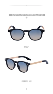 Detail view of square black frames with blue-yellow gradient lenses and gold temples