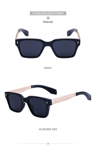 Front and side view of square polarized sunglasses with gold temples and black frames