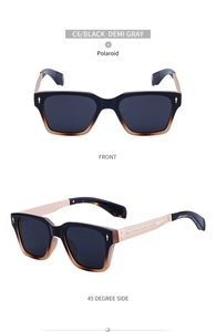 Detail view of square polarized sunglasses featuring black demi frames and textured metal temples