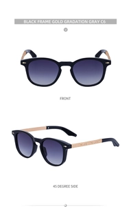 Detail view of square black sunglasses with gold metal temples and C6 gradient lenses