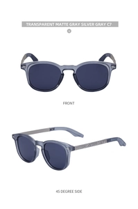 Detail of transparent matte gray retro square sunglasses with silver star temple accents