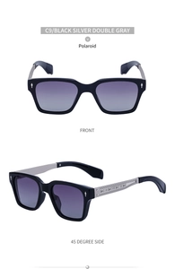 Detailed views of polarized sunglasses with silver textured temples and purple lenses