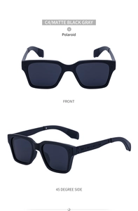 Front and side view of matte black polarized square sunglasses with C4 grey lenses