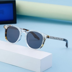 Chic square sunglasses with transparent frames and metal temples on a blue background