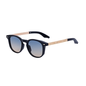 Fashionable square frame sunglasses with gold temples and blue-yellow gradient lenses