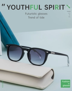 Detail of square black frame sunglasses with silver hinge metal and soft leather case