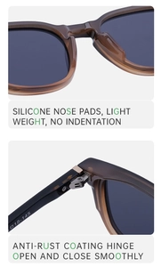 Detail of sunglasses featuring soft silicone nose pads and durable metal hinge structure