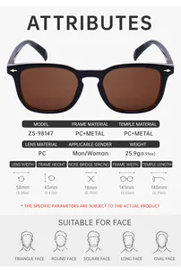 Size chart for retro square sunglasses showing detailed frame dimensions and face shape guide