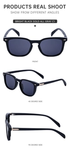 Three-angle view of black square sunglasses with gold hinges and solid gray lenses