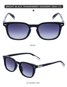 Detailed front and side views of square gradient sunglasses with silver arrow rivets
