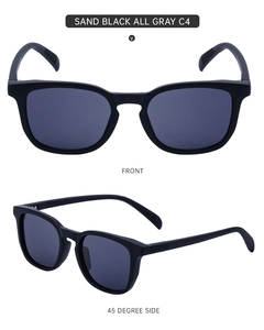 Front and 45-degree side views of square vintage sunglasses in matte black C4 finish