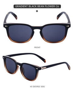 Detail view of vintage square sunglasses in gradient black bean flower with metal rivets