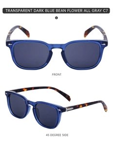 Front and 45-degree side views of square sunglasses with dark blue frames and tortoiseshell temples