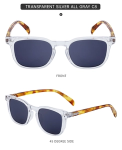 Front and side view of square sunglasses with transparent frames and tortoise temples