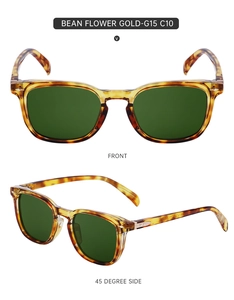 Detail view of tortoiseshell square sunglasses with gold arrow hinges and G15 green lenses
