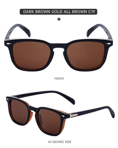 Front and side views of vintage square sunglasses in dark brown with gold metal accents