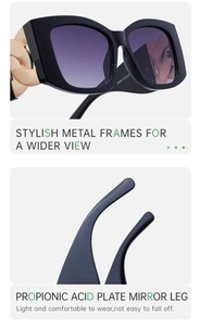 Detail view of black square sunglasses with bold gold chain temple and product specs
