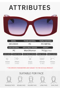 Size chart showing frame dimensions and specifications for cat-eye sunglasses