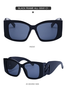 Detailed views of black cat-eye sunglasses with thick frames and chain link temple accents