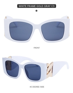 Detailed front and side views of white frame cat-eye sunglasses with gold metal chain accents