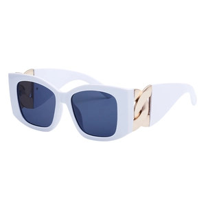 Chic white square cat-eye sunglasses featuring elegant gold chain temples and dark lenses