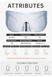 Size chart showing BL-1815 cycling sunglasses dimensions with PC frame material specs