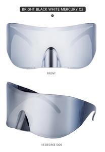 Front and 45-degree side view of y2k oversized silver mirror shield sports sunglasses