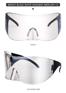 Detail of oversized wraparound cycling sunglasses with black and white gradient lenses