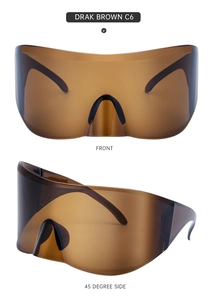 Dual view of dark brown oversized one-piece cycling sunglasses showing front and side angles