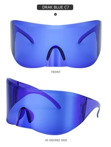 Close-up of dark blue wrap-around sports sunglasses with oversized integrated lens