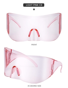 Front and side view of light pink oversized wrap-around shield cycling sunglasses