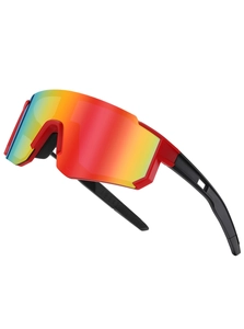 Outdoor sports cycling sunglasses with red frame and rainbow mirrored shield lenses