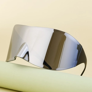Outdoor sports cycling sunglasses with silver mirrored large frame wrap-around shield lens