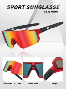 Macro detail of red TR90 frame, non-slip nose pads and metallic hinge on cycling sunglasses