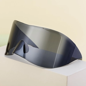 Futuristic wraparound sports sunglasses with dark grey shield lens and minimalist frame