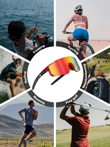 Detail view of colorful polarized cycling sunglasses with six outdoor sports scenarios