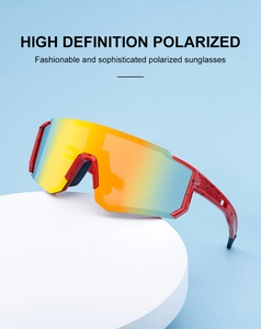Detail of red polarized cycling sunglasses with black splash texture and color coating