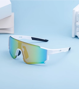 Detail view of polarized sports sunglasses with gradient lenses and white frame