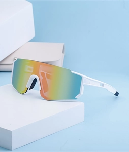 Polarized sports sunglasses with white frame and rainbow lenses on display stand