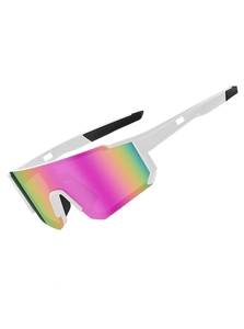 Close-up of polarized colorful mirror lenses and white frame of outdoor cycling goggles