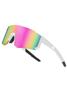 Detail of white cycling sunglasses with iridescent lens and hollow temple design