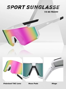 Detail of TR90 sports sunglasses with polarized TAC lenses and colorful gradient coating