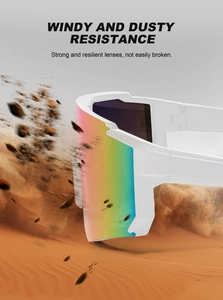 Windproof sports sunglasses with rainbow lenses shown in a sandy desert environment