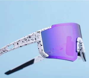 Detailed close-up of white marble pattern frame and purple gradient sports mirror lens