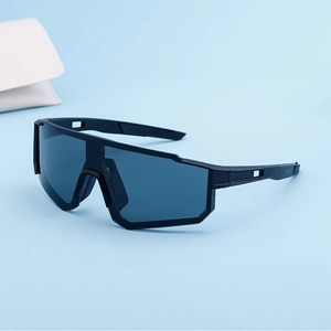 Detail view of polarized sports cycling sunglasses with matte black frame and leather case